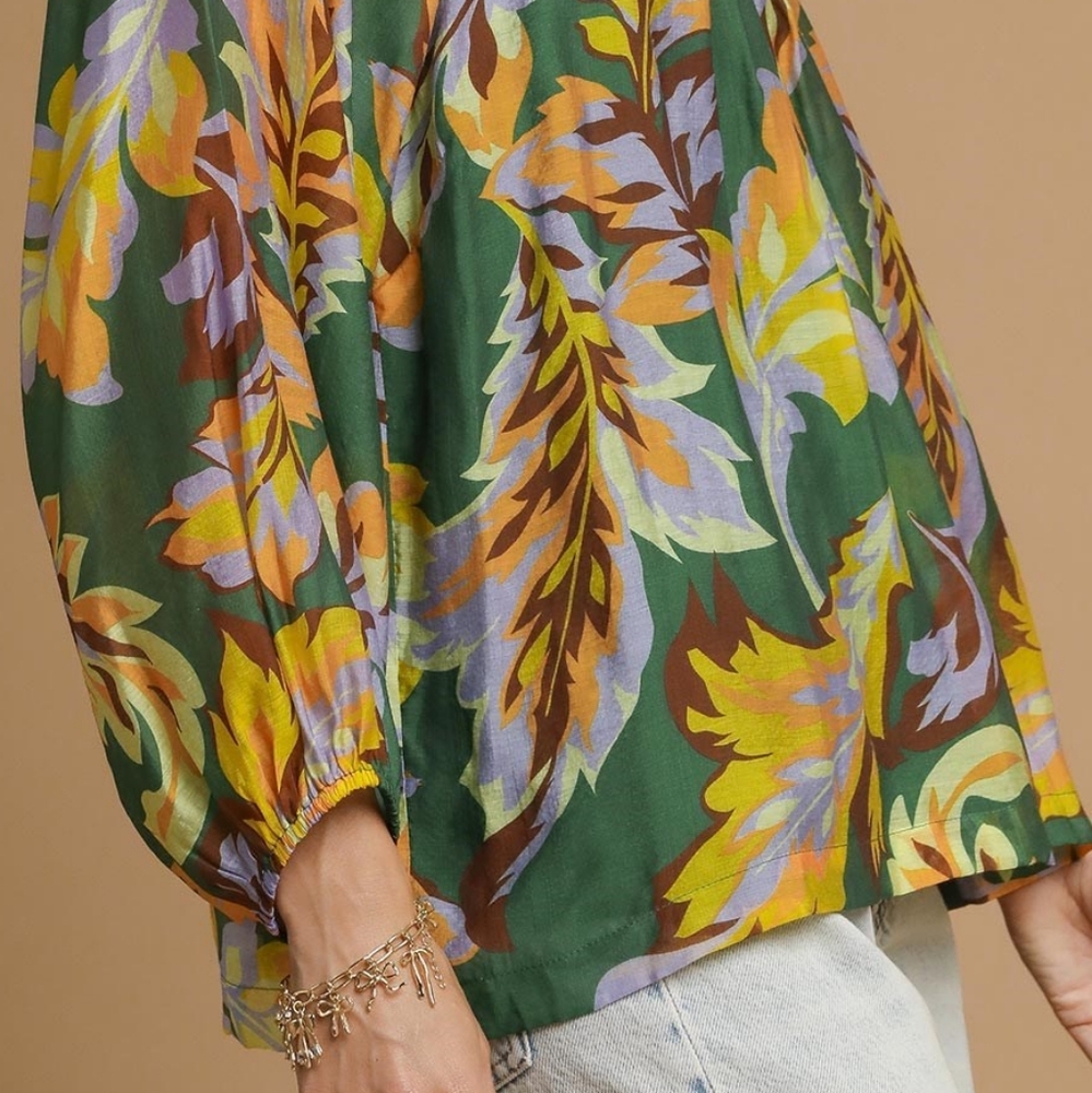 Umgee Retro Abstract Shirt Pleated 70s Round Neck Top Long Balloon Sleeve Blouse - Picture 15 of 16